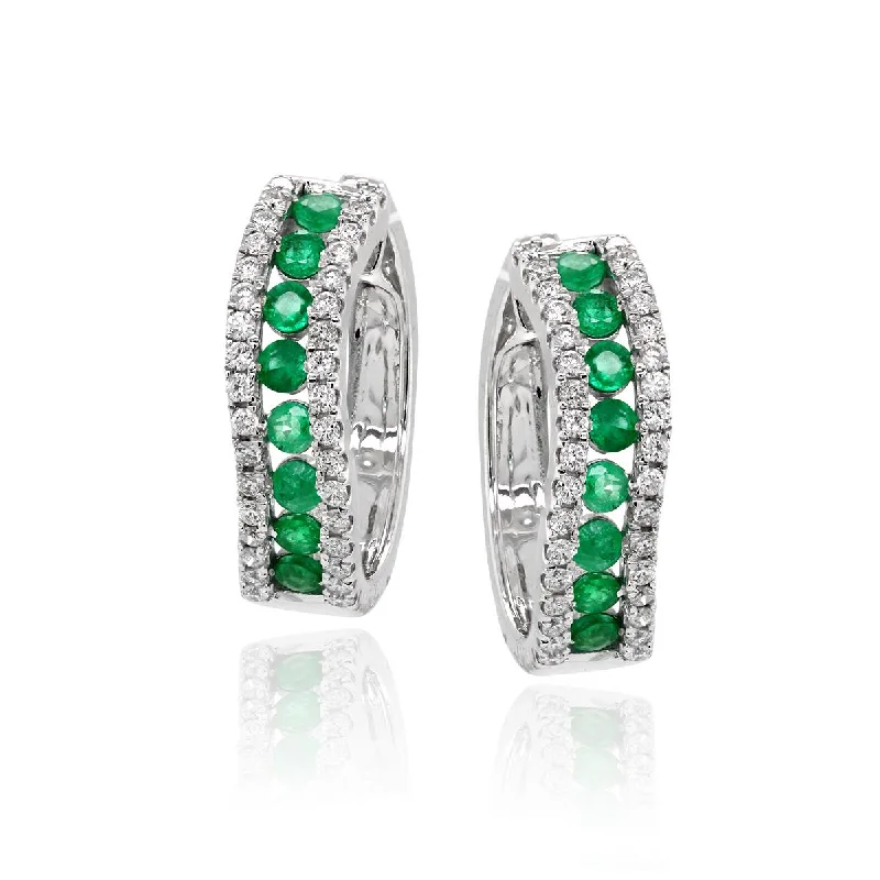 women's earrings with star-shaped crystals -WHITE GOLD HOOP EARRINGS WITH EMERALDS AND DIAMONDS, .42 CT TW