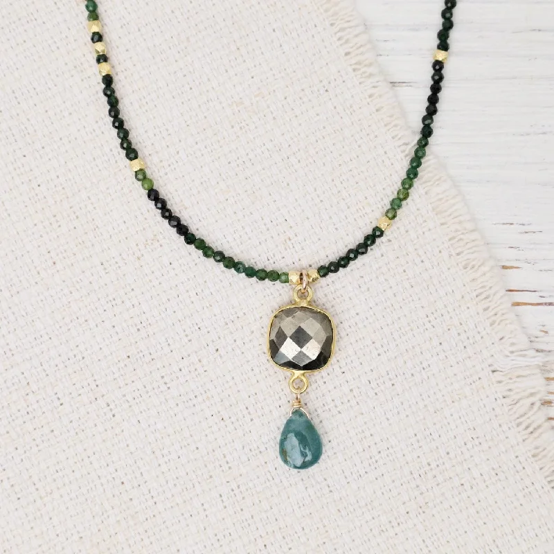 women's necklaces with layered design -Square Pyrite, Grandidierite, Green Tourmaline Pendant Necklace