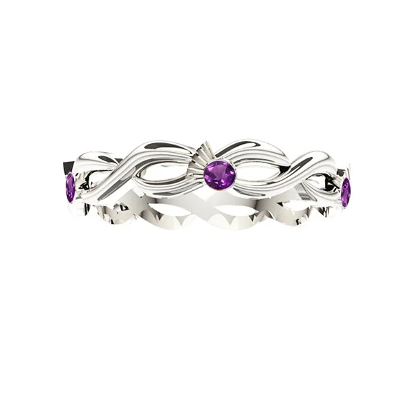 women's rings with twisted gold band -Scottish Thistle Edinburgh Celtic Twist 5 Amethyst Ring