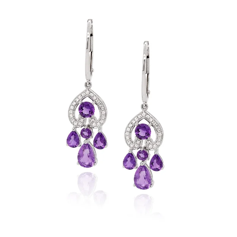 women's earrings with gold-plated finish -WHITE GOLD DANGLE EARRINGS WITH FANCY CUT AMETHYSTS AND DIAMONDS, .12 CT TW