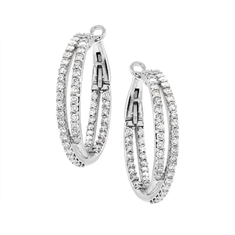 women's earrings with modern hoop design -WHITE GOLD DOUBLE HOOP EARRINGS WITH 116 DIAMONDS, 3.00 CT TW