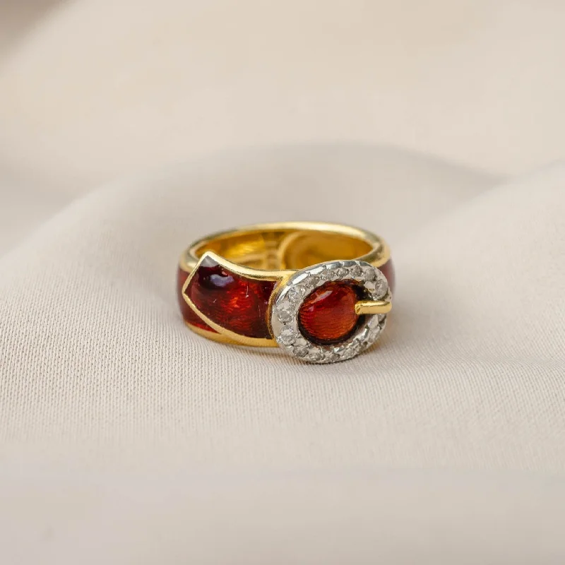 women's engagement rings with bezel setting -Vintage Kutchinsky 18k Red Enamel Buckle Ring with Diamonds