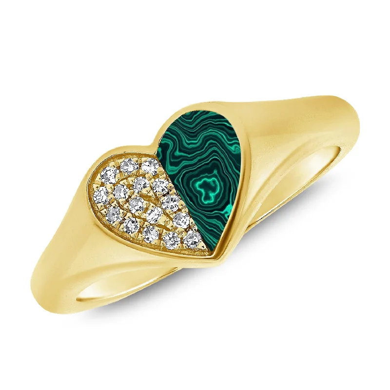 women's engagement rings with oval halo -Heart of Elegance Pinky Ring with Malachite and Diamonds in 14K Gold