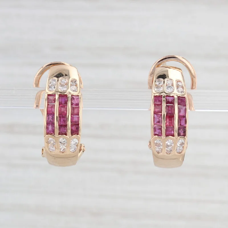 women's earrings with halo design -1.40ctw Ruby Diamond J-Hook Earrings 14k Yellow Gold Omega Backs