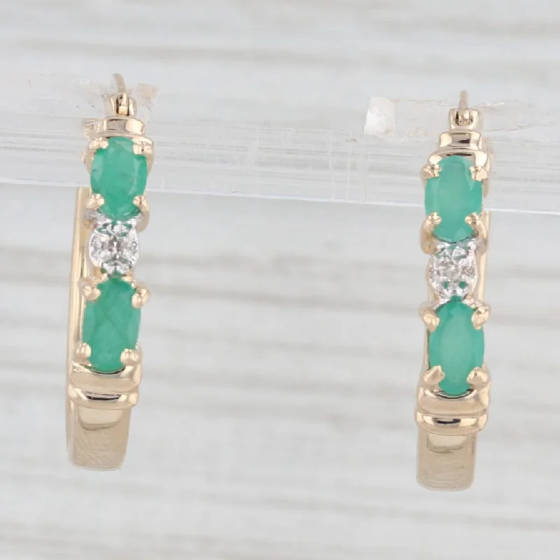 women's earrings with classic gold hoop -1ctw Emerald Diamond Hoop Earrings 10k Yellow Gold Snap Top Round Hoops