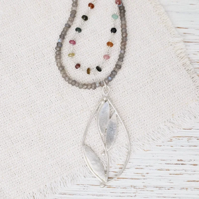 women's necklaces with platinum chain -Large Floral Teardrop on Labradorite & Tourmaline Necklace