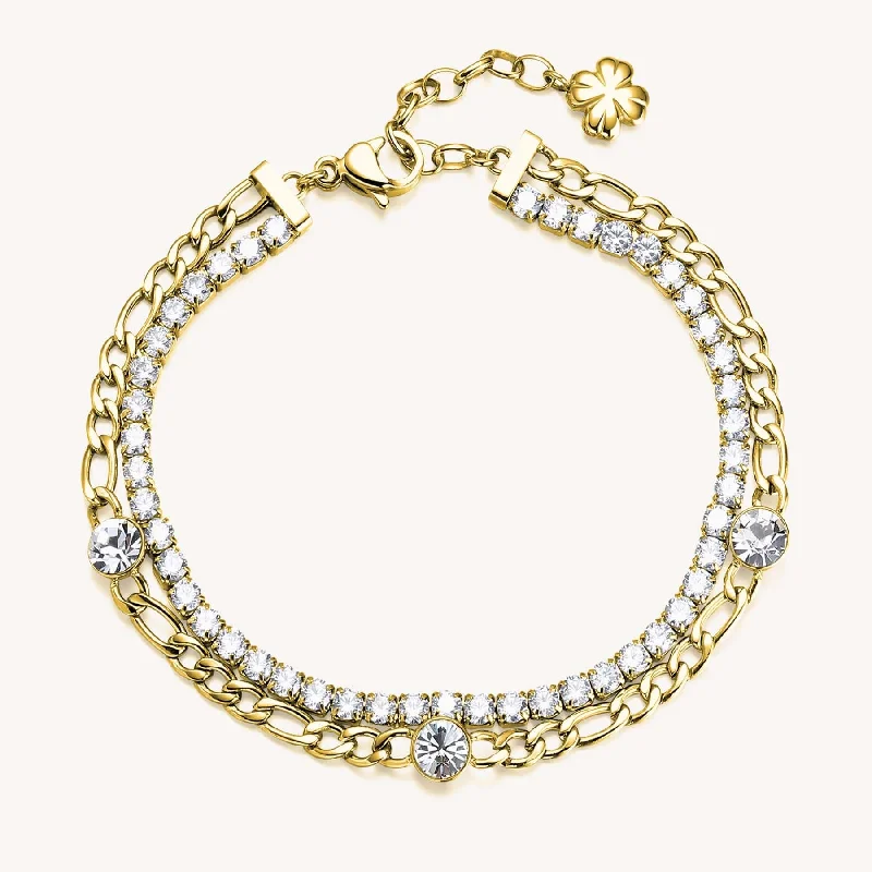 women's bracelets with charm design -Stainless Steel Gold Tone Double Bracelet with Crystal Line and Chain with Stations