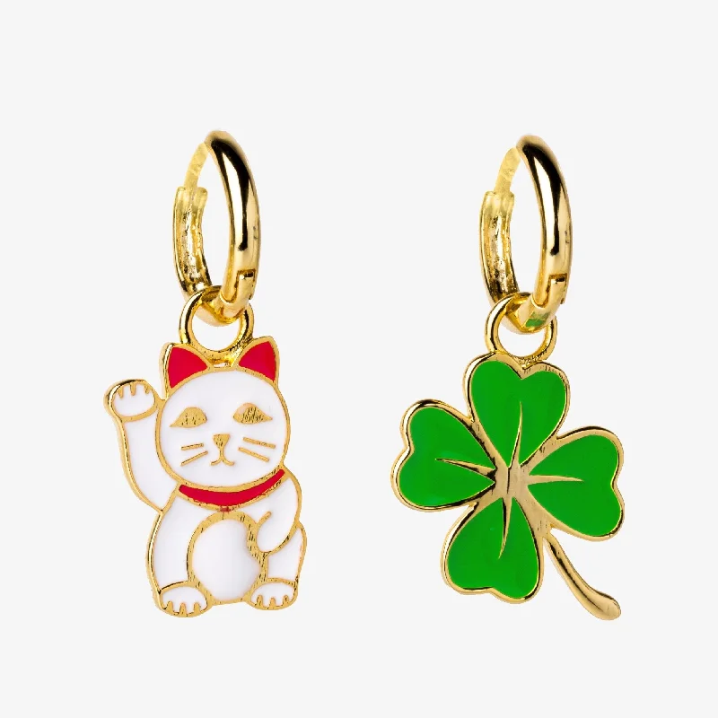 women's earrings with chic hoops -Lucky Cat & Clover Hoop Earrings