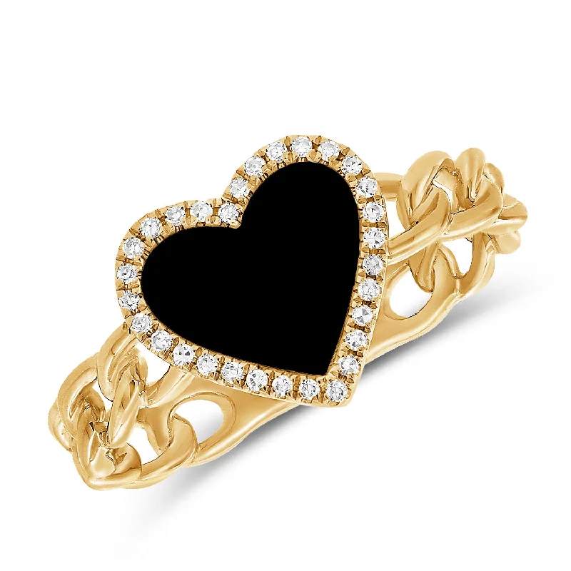 women's engagement rings with thin band -Black Agate & Diamond Heart Chain Ring made in 14K Gold