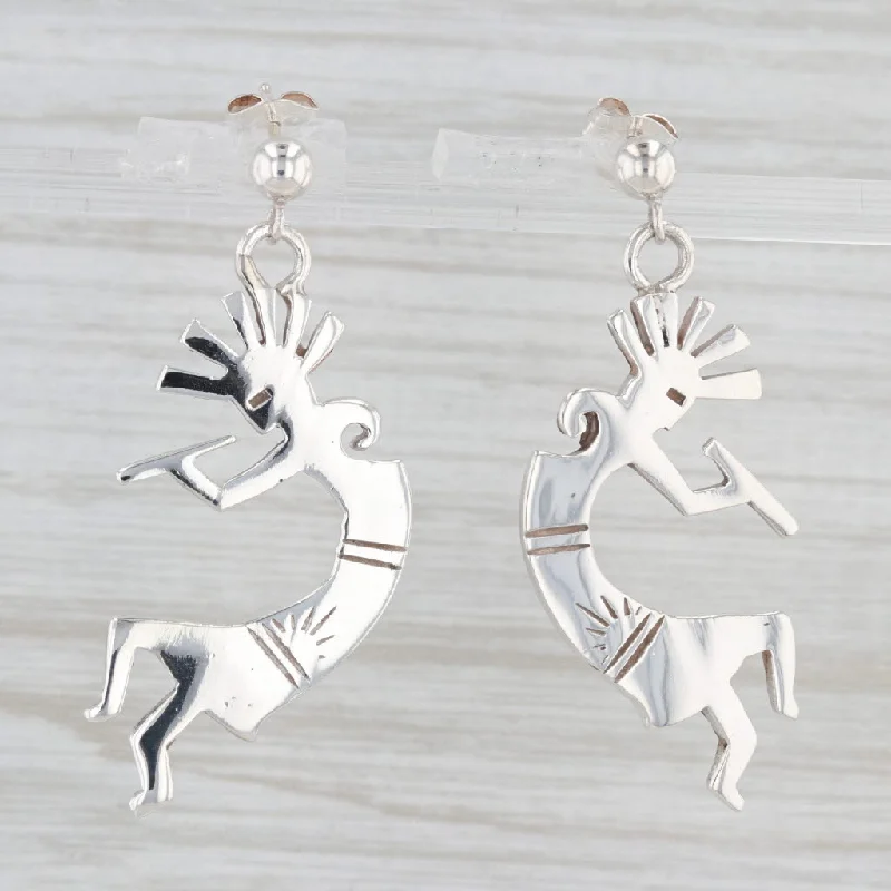 women's earrings with dangle design -Kokopelli Tribal Figure Earrings Sterling Silver Dangle Drops Southwestern