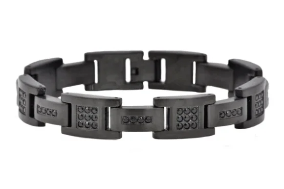 women's bracelets with classic bangle -Men's Matte Black Stainless Steel Bracelet W/ Cz's