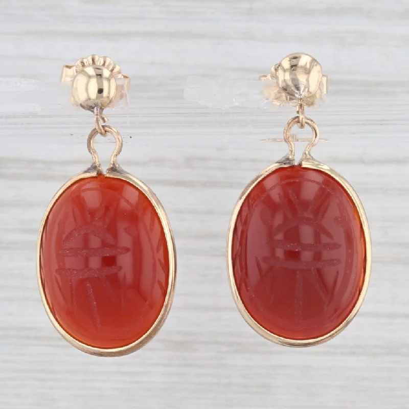 women's earrings with pearl drop -Carved Carnelian Scarab Drop Earrings 14k Yellow Gold Pierced Dangles