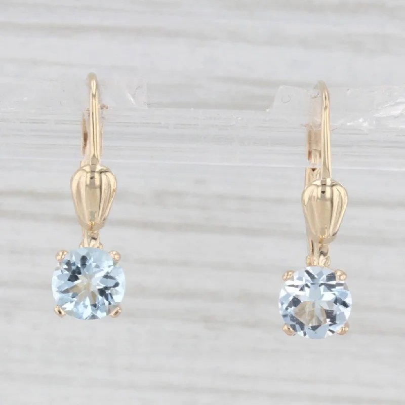 women's earrings with sparkling diamonds -0.50ctw Aquamarine Drop Earrings 14k Yellow Gold Round Solitaires Lever Backs