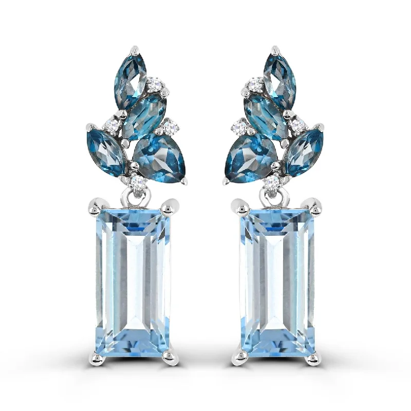 women's earrings with oversized hoops -MODERN WHITE GOLD EARRINGS WITH BLUE TOPAZ AND DIAMONDS, .03 CT TW