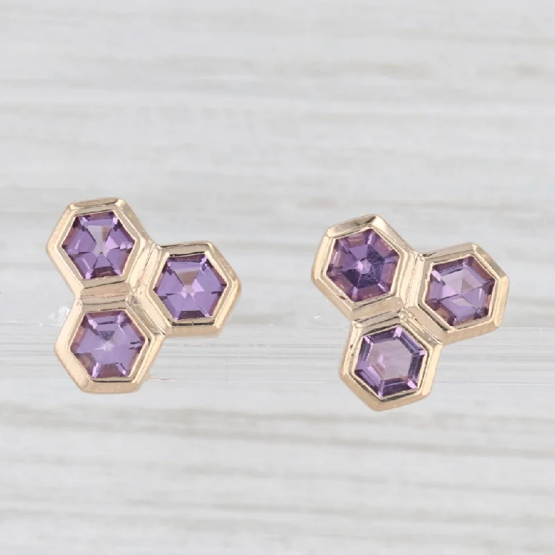 women's earrings with luxurious gemstones -New Amethyst Hexagon Cluster Stud Earrings 14k Yellow Gold