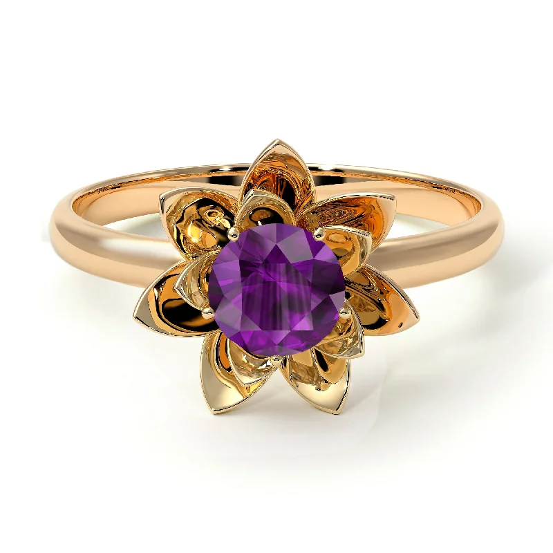 women's engagement rings with carved details -Lotus Flower Solitaire Amethyst Ring - Lotus no. 301