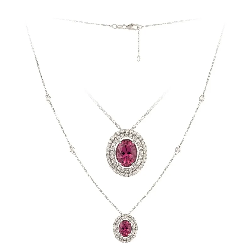 women's necklaces with bar pendant -White Gold Oval Pink Tourmaline and Diamond Necklace