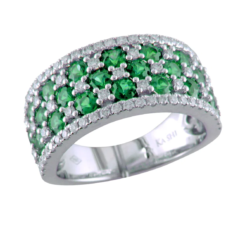 women's engagement rings with geometric design -18K White Gold Emerald & Diamond Wide Right Hand Cocktail Ring