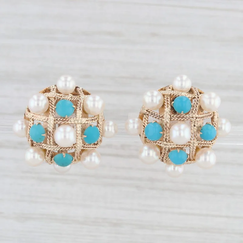 women's earrings with butterfly design -Vintage Cultured Pearl Turquoise Button Earrings 14k Gold Clip On Non Pierced