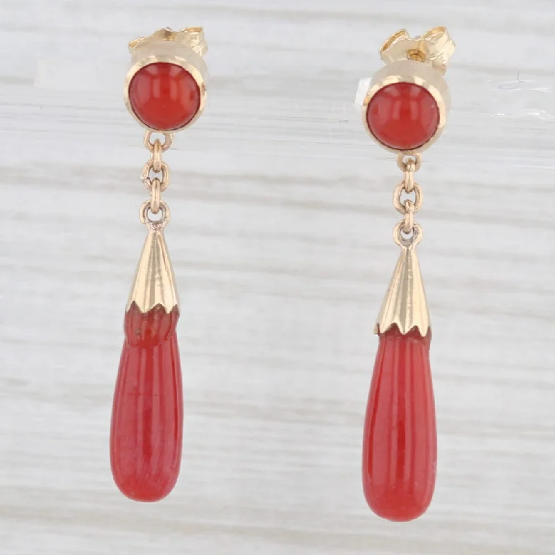 women's earrings with modern elegance -Red Coral Drop Earrings 10k Yellow Gold Pierced Dangles