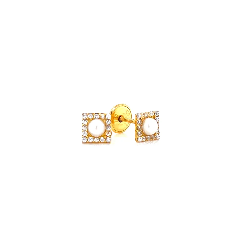 women's earrings with dangle design -18K Yellow Gold Pearl & Cz Square Halo Earrings