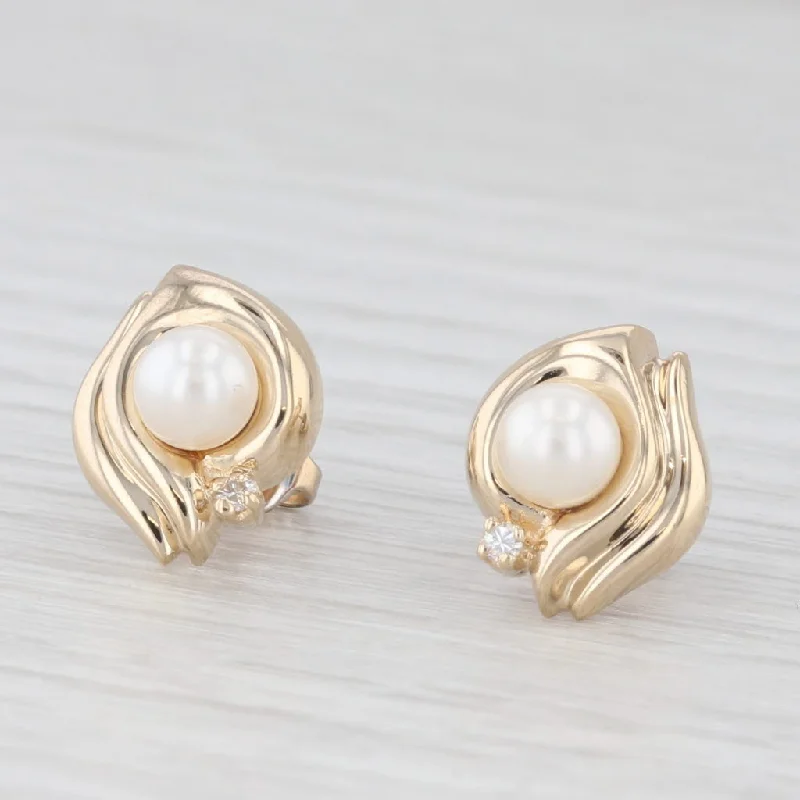 women's earrings with long dangling design -Cultured Pearl Diamond Stud Earrings 14k Yellow Gold