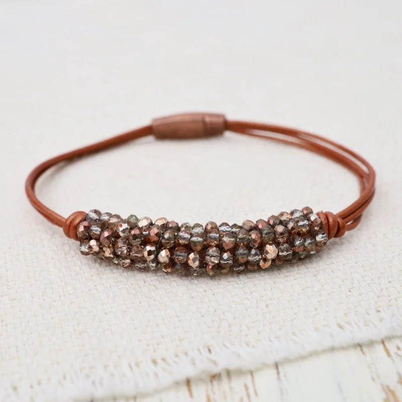 women's bracelets with cuff design -Mixed Copper Crystals on Hand Tied Copper Leather Bracelet