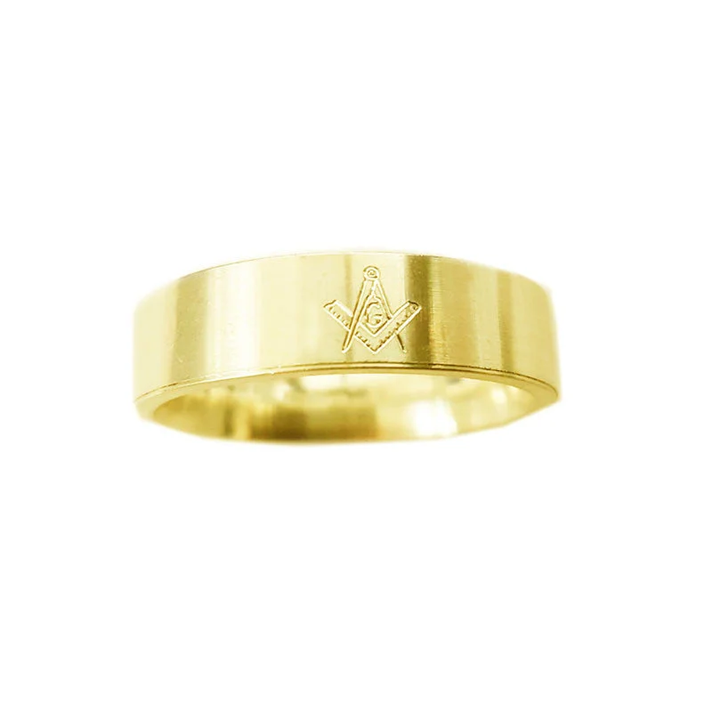 women's rings with platinum accent -Engraved Masonic Flat Band Ring in 9 ct Yellow Gold