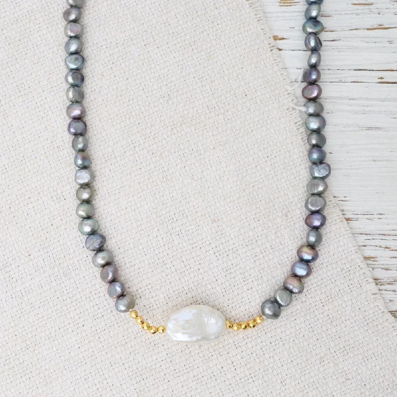 women's necklaces with diamond accents -Grey and White Pearl Nugget Necklace