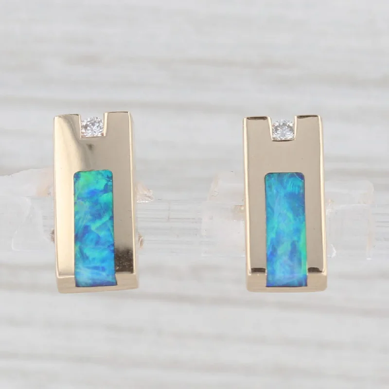 women's earrings with floral design -Blue Green Opal Inlay Diamond Stud Earrings 14k Yellow Gold