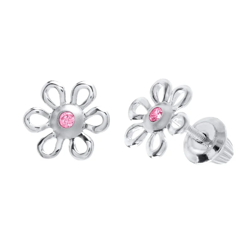 women's earrings with floral motifs -STERLING SILVER CHILDREN'S FLORAL EARRINGS WITH PINK CUBIC ZIRCONIA