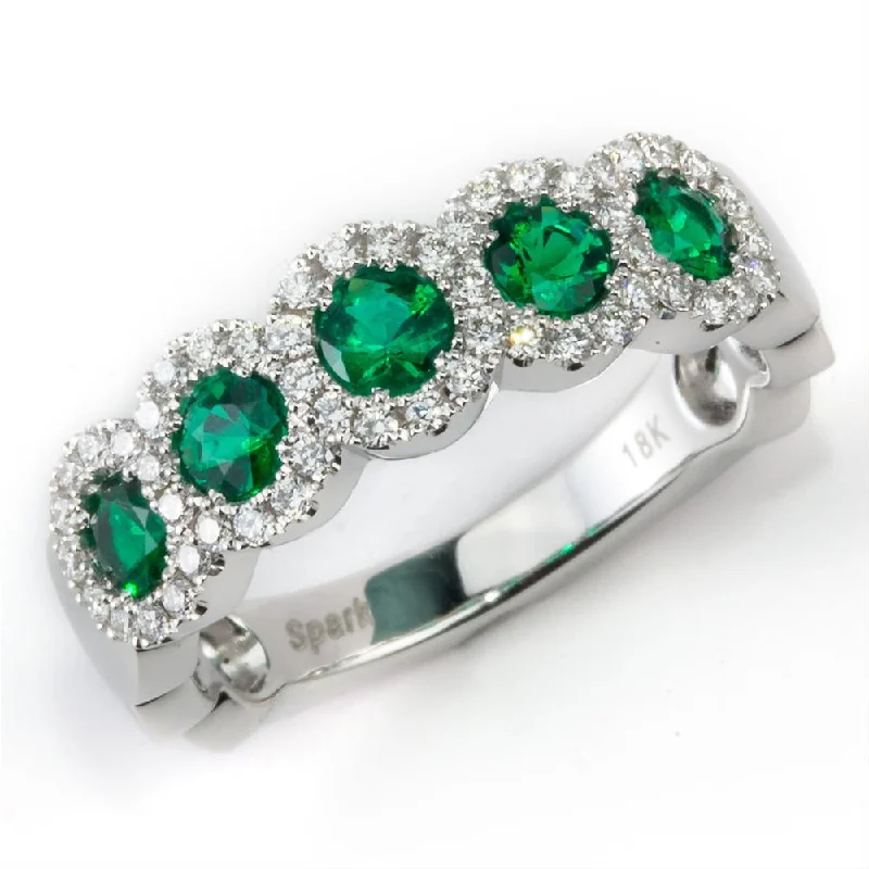 women's engagement rings with bold diamond -Emerald & Diamond Halo Five Stone Ring Band 18K White Gold