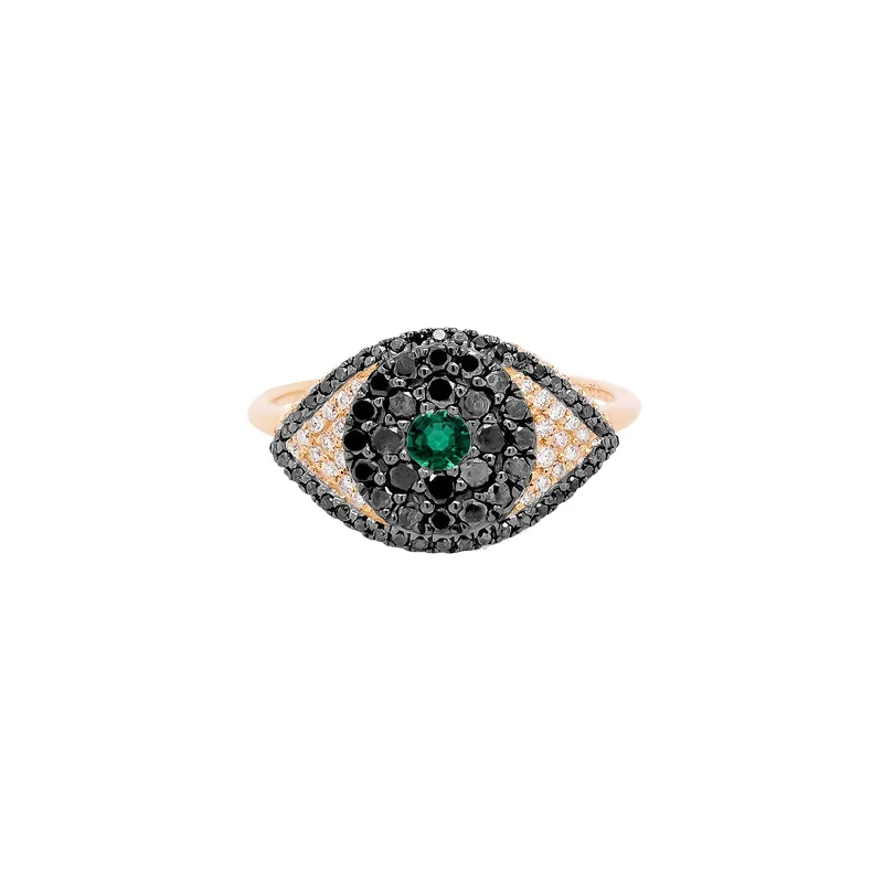 women's engagement rings with rose gold band -Evil Eye Protector Ring | 2.5GMS .63CTW | Black Diamond and Emerald