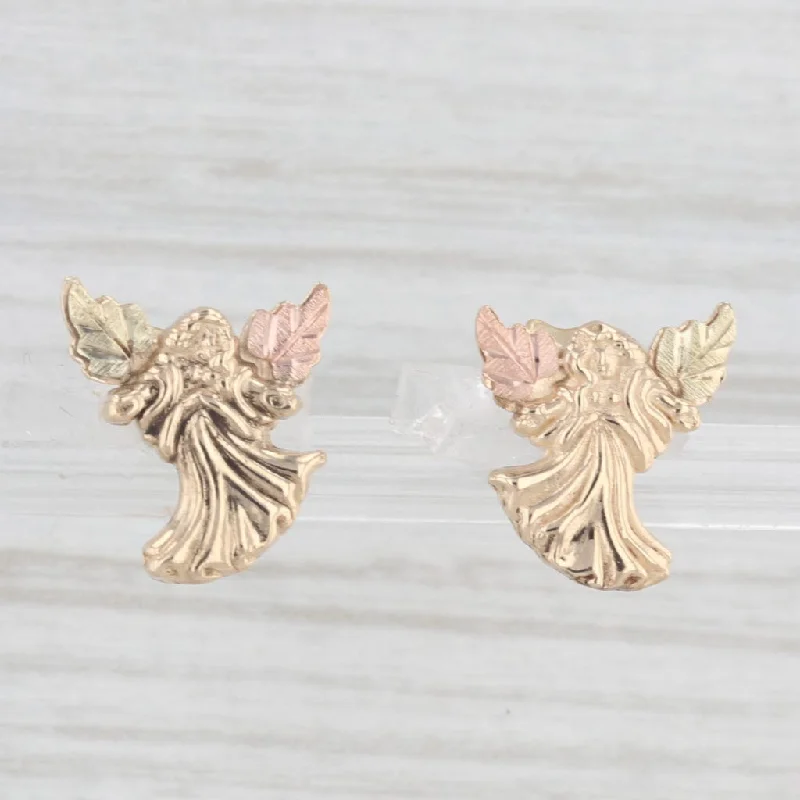 women's earrings with statement design -Coleman Co Black Hills Gold Guardian Angel Stud Earrings 10k Yellow Rose Green