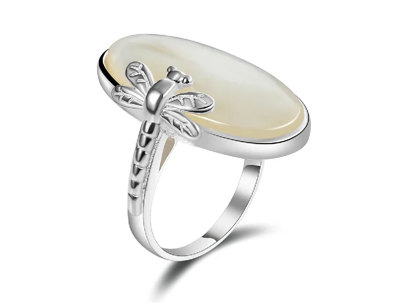 women's rings with engraved details -Oval Mother of Pearl Dragonfly Ring