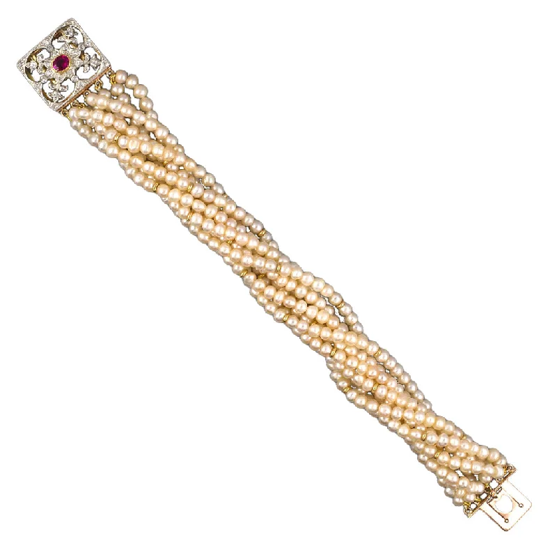 women's bracelets with intricate design -Victorian 8-Strand Pearl Torsade Bracelet with Ruby & Diamond Clasp