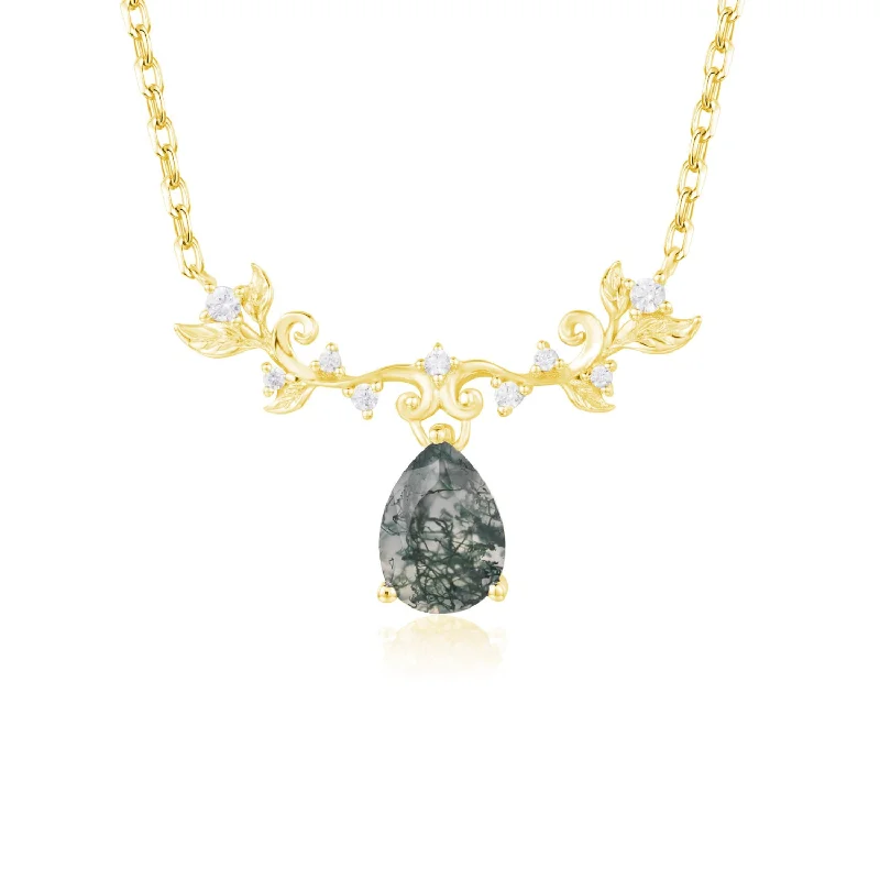 women's necklaces with boho design -Foliage Whispers Moss Agate Yellow Gold Necklace