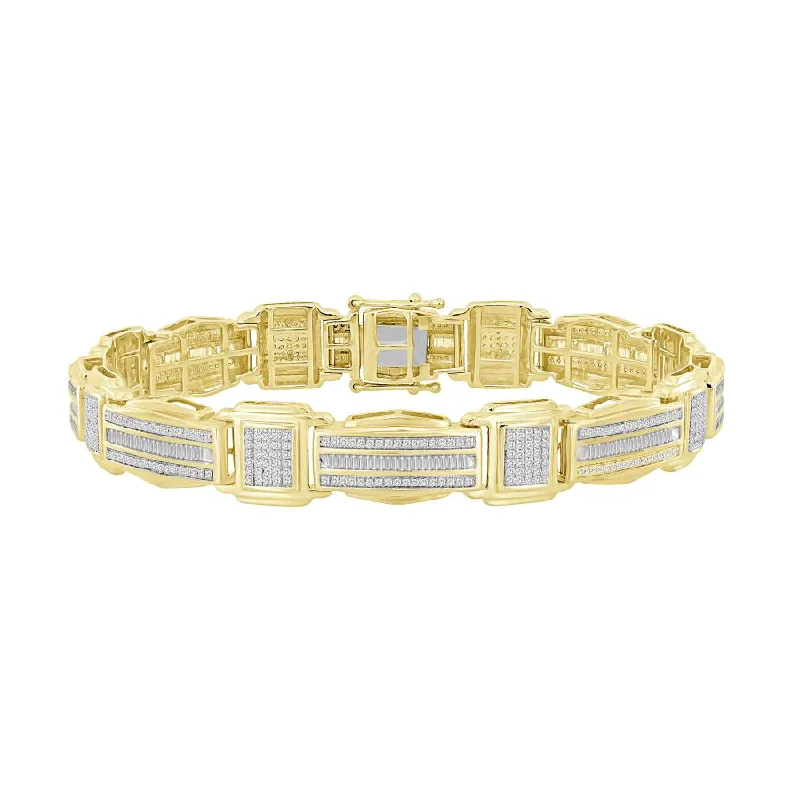 women's bracelets with fine chain -MEN'S BRACELET 2.00CT ROUND/BAGUETTE  DIAMOND 10K YELLOW GOLD