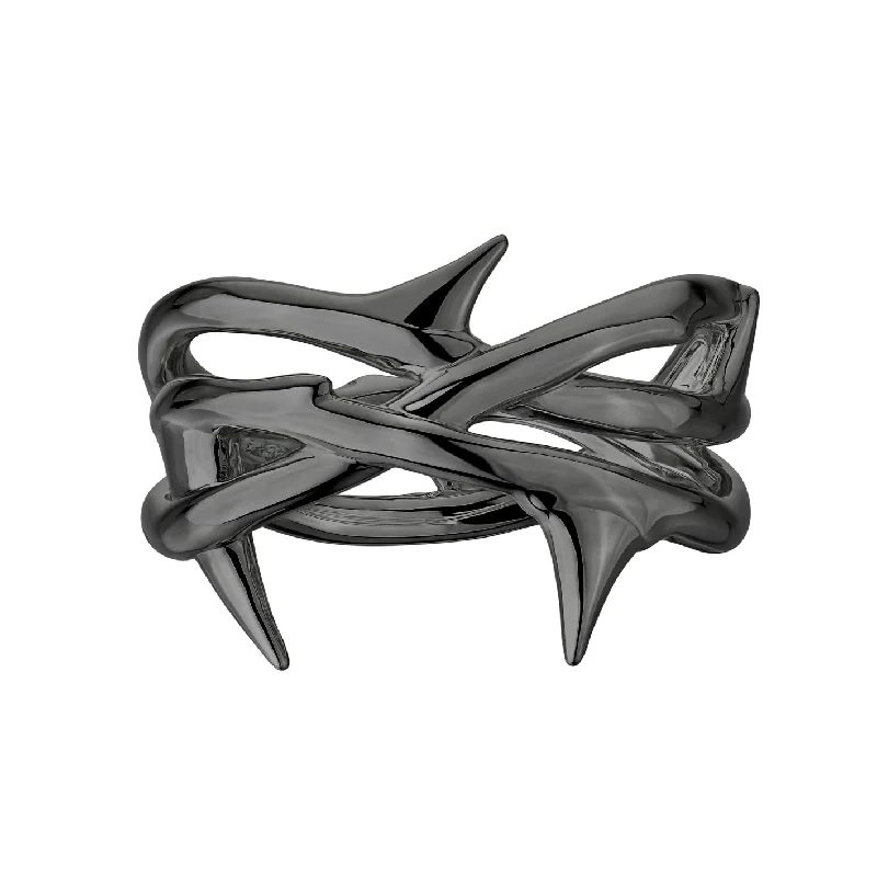 women's rings with diamond accents -Rose Thorn Triple Band Ring - Silver Black Rhodium