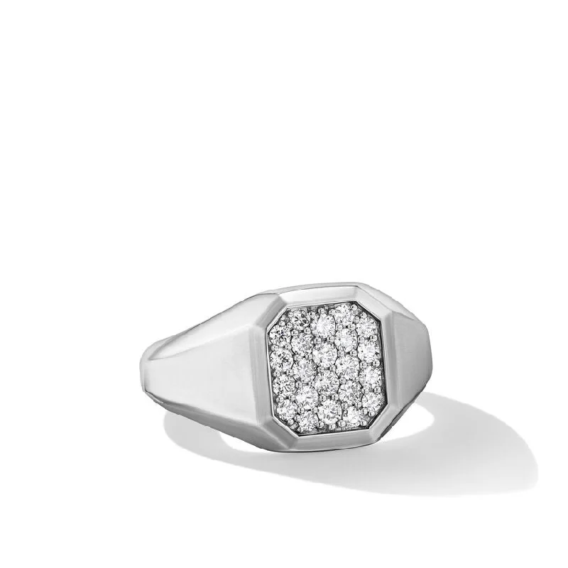 women's engagement rings with rounded edges -DY Gents Streamline Signet Ring in Sterling Silver with Diamonds, 14mm