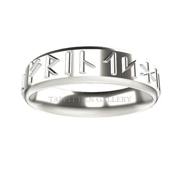 women's rings with diamond accents -LOVE LOYALTY AND FRIENDSHIP RAISED RUNIC RING IN 9CT WHITE GOLD