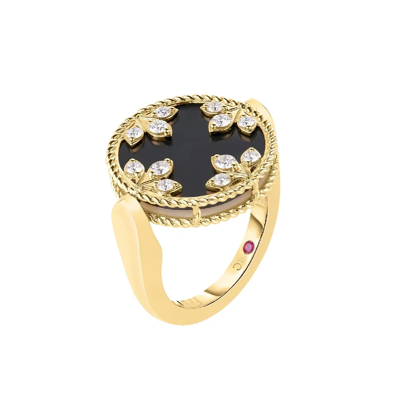 women's engagement rings with heart-shaped accents -Roberto Coin 18K Yellow Gold Colored Medallions Diamond, Black Jade & Mother of Pearl Reversible Ring