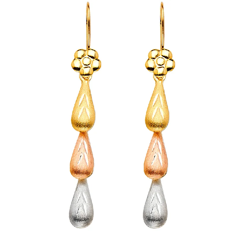 women's earrings with dangly chains -14K 3C Hollow 3 TeardropS Hanging Earrings