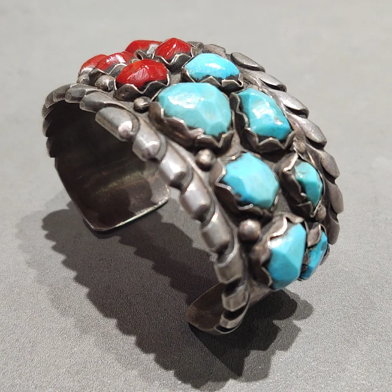 women's bracelets with modern bangle -Wayne Cheama Zuni Sterling Silver Turquoise Coral Bracelet - Handmade Native American