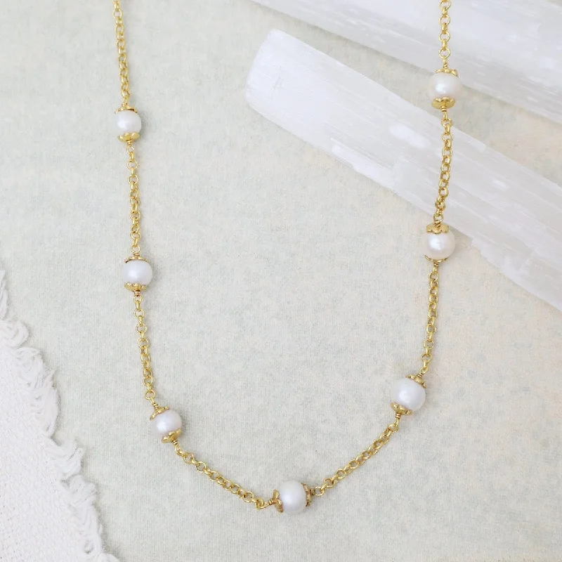 women's necklaces with floral pendant -Capped Pearls Station Necklace