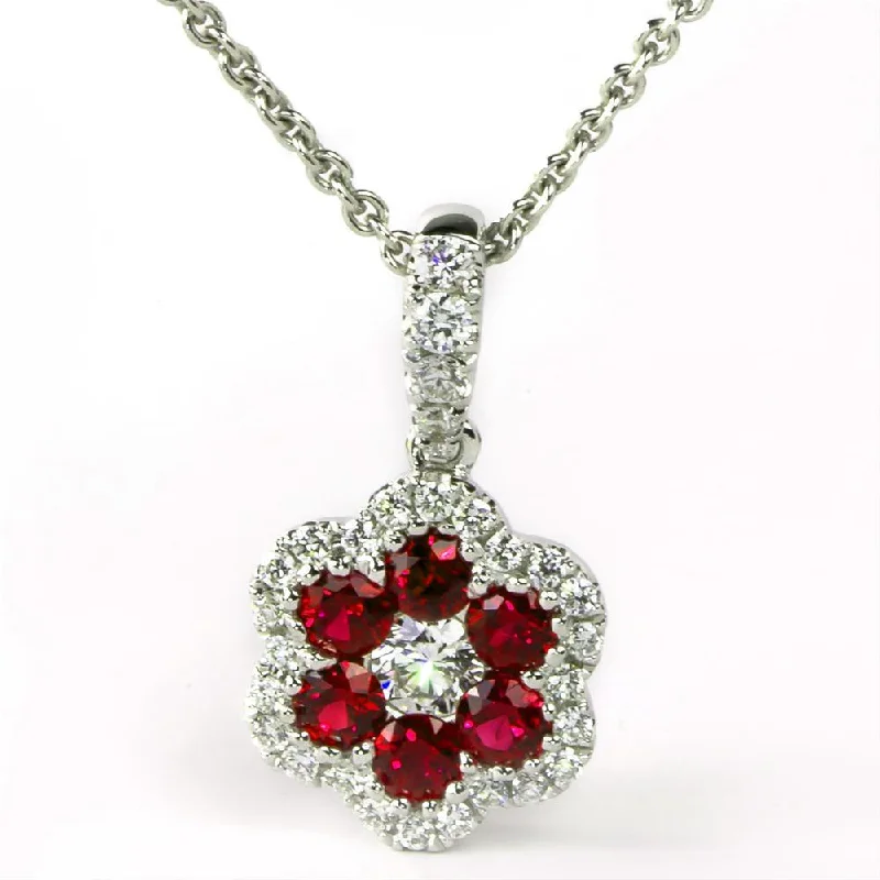 women's necklaces with modern style -Ruby & Diamond Halo Flower Pendant Necklace 18K White Gold