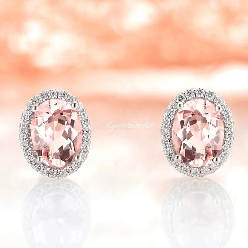 women's earrings with dangle design -Iris Oval Morganite Earrings- Sterling Silver