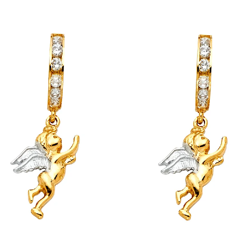 women's earrings with classic pearl studs -14K 2T CZ Angel Hanging Huggies Earrings