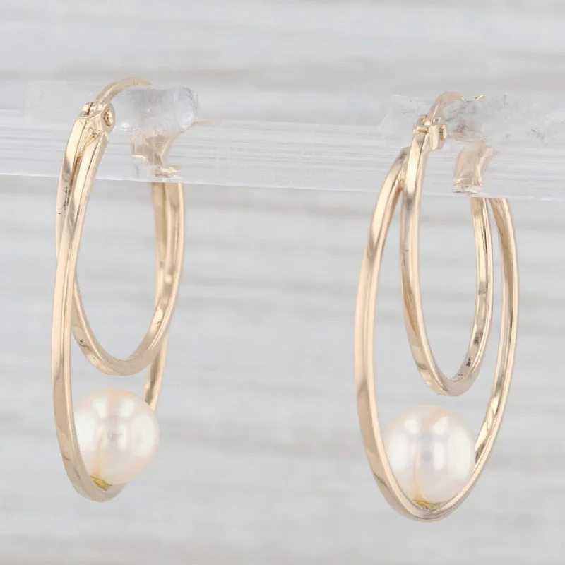 women's earrings with moonstone -Cultured Pearl Double Hoop Earrings 14k Yellow Gold Snap Top Round Hoops