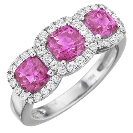 women's engagement rings with double band -Cushion Shaped Pink Sapphire & Diamond Halo 18K White Gold Three Stone Ring